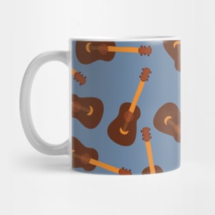 Guitars on a blue background. Acoustic guitars. Scattered guitars. Ukulele. Music instruments pattern. Mug